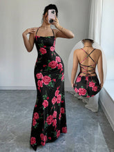 Rose Print Draped Neck Sexy Backless Tie Knot Slim Fit Elegant Mermaid Tail Cami Dress For Romantic Valentine's Day Dating,Party,New Women's Clothing